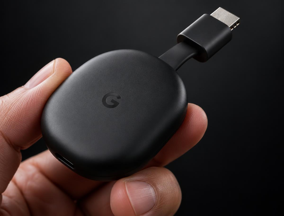 Close-up of the compact EZStream media stick held in a hand
