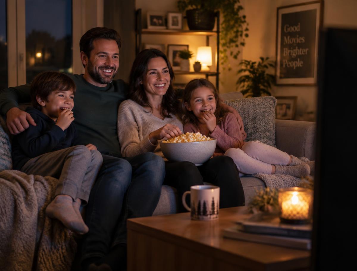 Family of four watching television together on a sofa at night