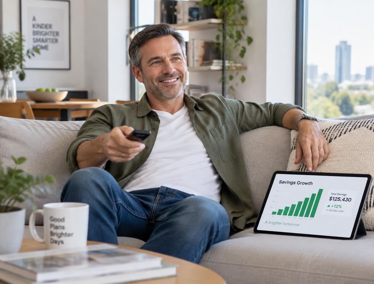 Smiling customer on a sofa holding a remote next to a tablet showing savings